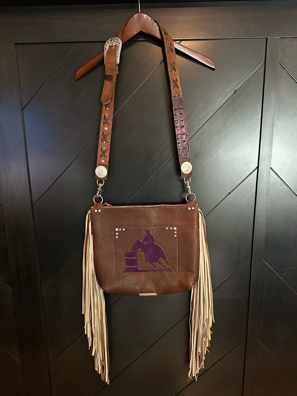 Sweet Badger Bags    Brown Leather Fringe Crossbody Bag Purple Rodeo Silhouette